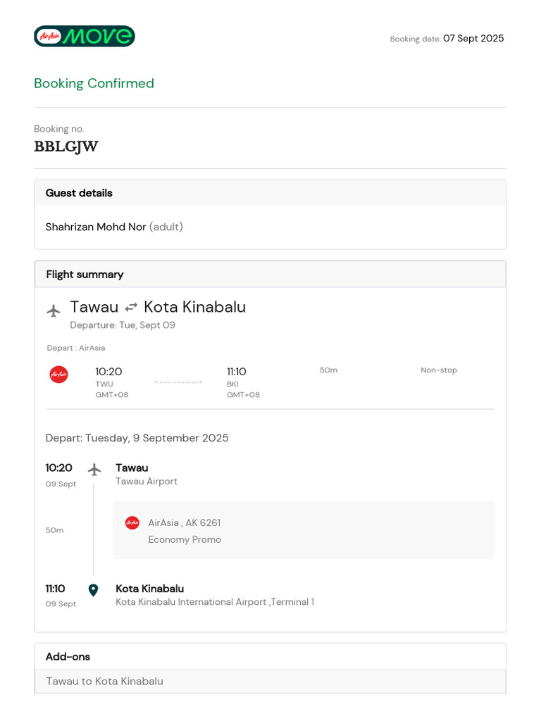 AirAsia Flight Confirmation: Tawau to Kota Kinabalu | PDF