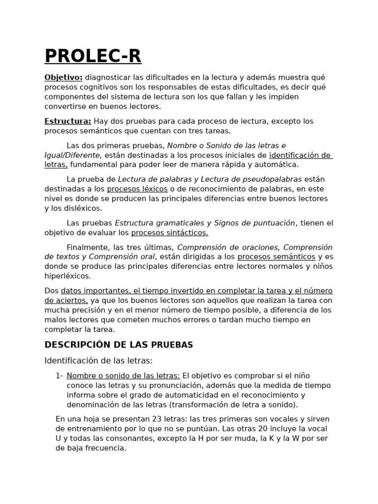 Evaluación de Dificultades Lectoras PROLEC-R | PDF | Puntuación ...