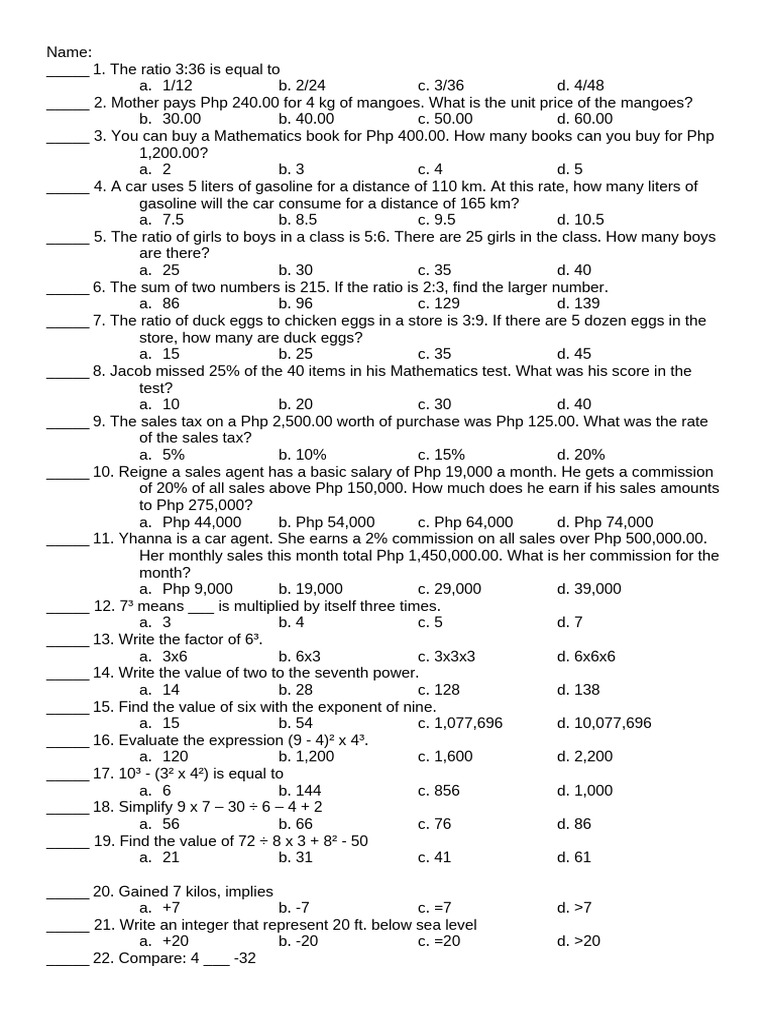 Math Problem Set with Answers | PDF