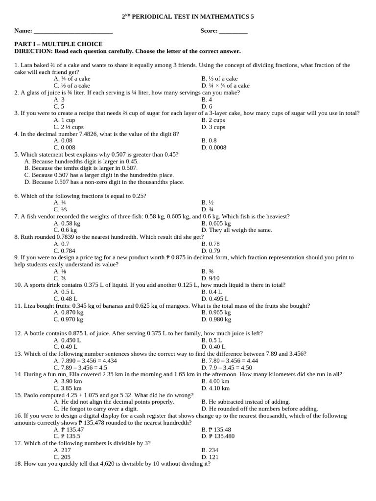 2nd Periodical Math Test Overview | PDF | Numbers | Division (Mathematics)