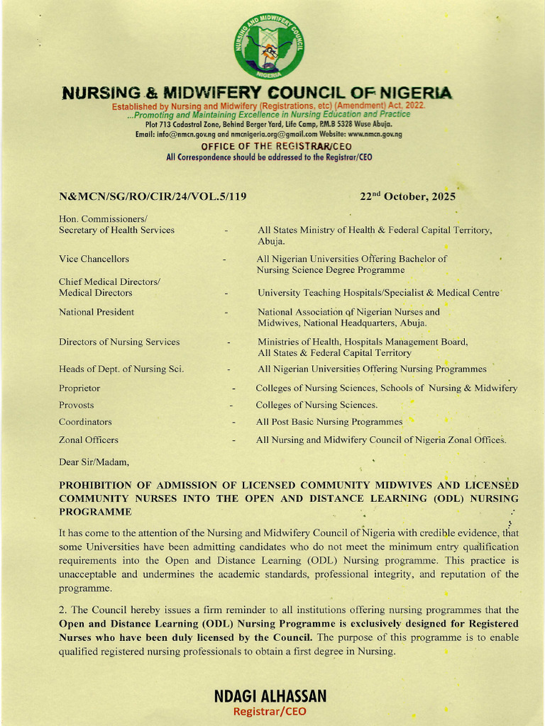 Circular - On - Prohibition of Admission of Licensed Community Midwives ...
