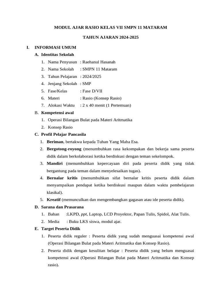 Modul Ajar Rasio Kelas VII SMPN 11 | PDF