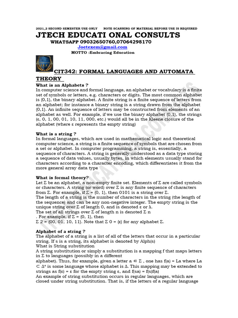 CIT342: Formal Languages Overview | PDF | Automata Theory | String ...