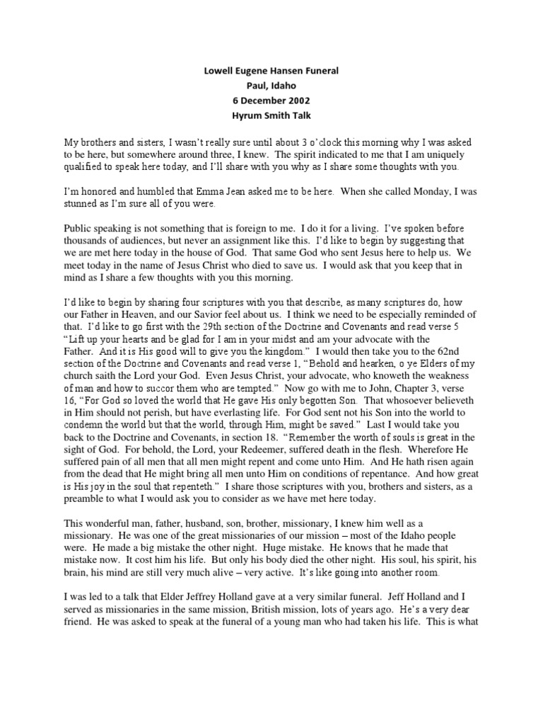 Lowell Eugene Hansen Funeral Paul, Idaho 6 December 2002 Hyrum Smith