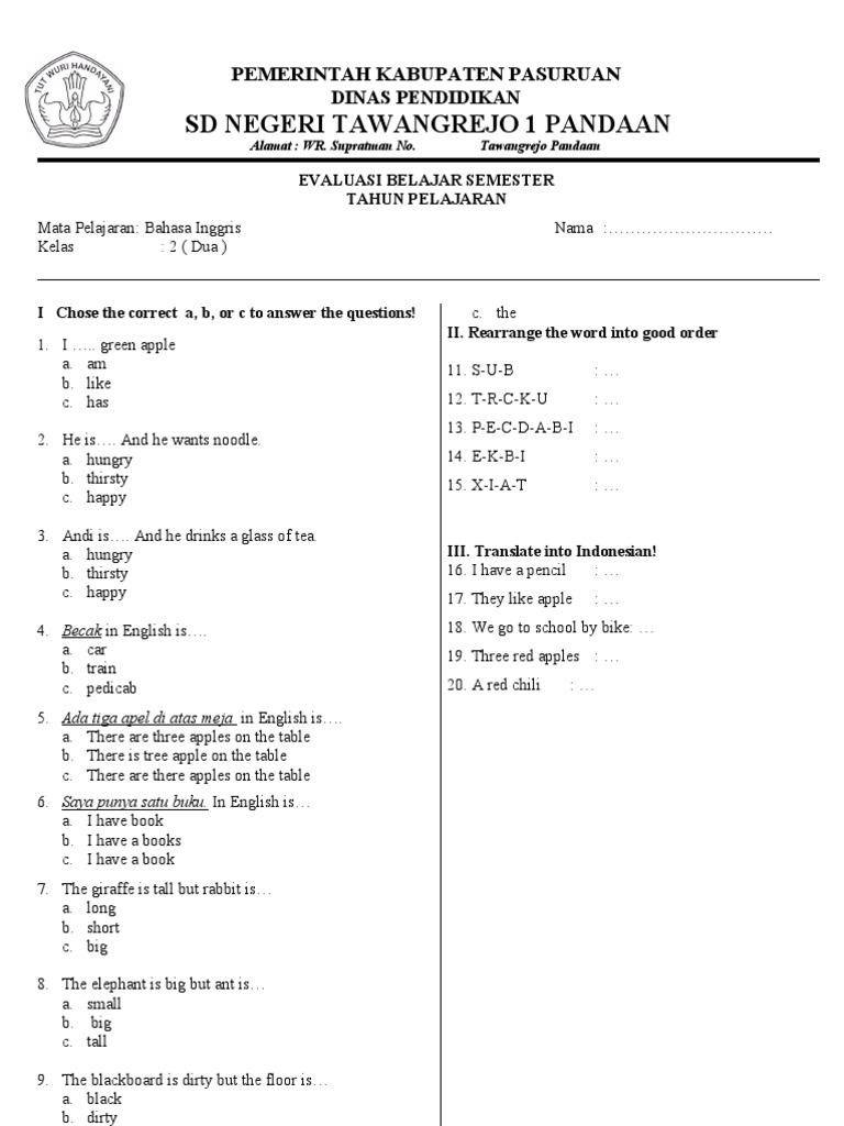 Soal Bahasa Inggris Kelas 2 Sd