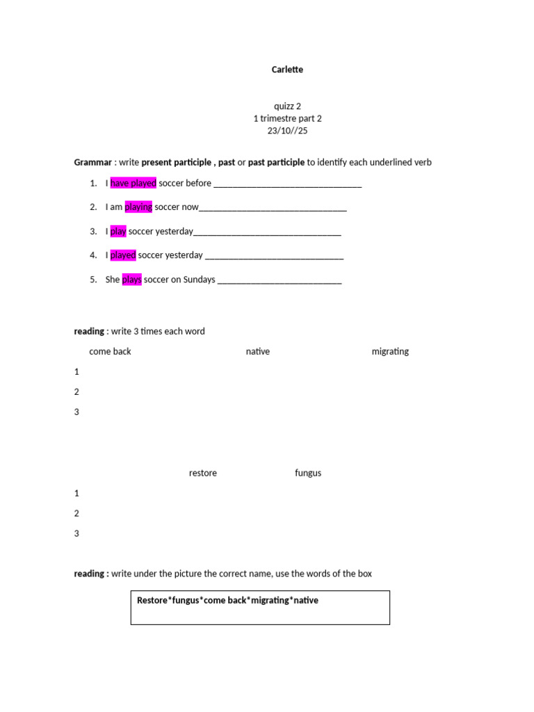 Carlette Quizz 3 Trimestre 1 Part 2 | PDF