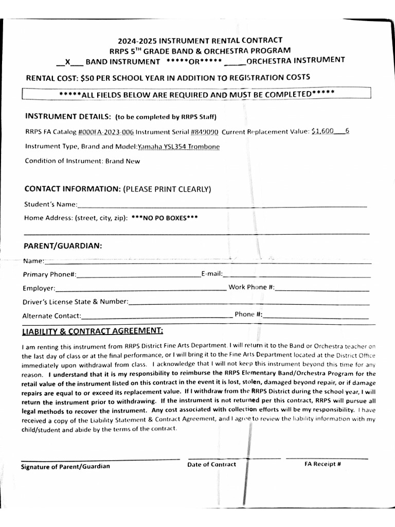 Band Rental Form | PDF