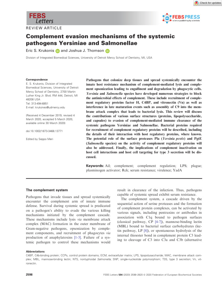 Complement Evasion Mechanisms of The Systemicpathogens Yersiniae and ...
