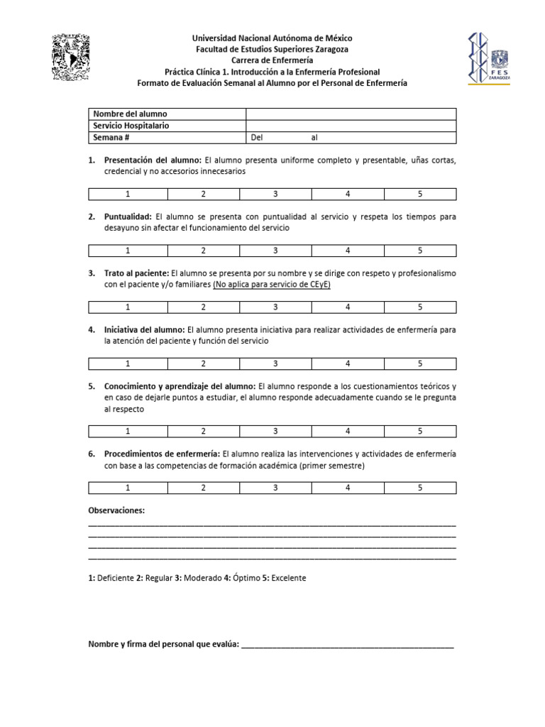 Evaluacio-N Semanal de Alumno Por Personal de Enfermeri-A | PDF ...
