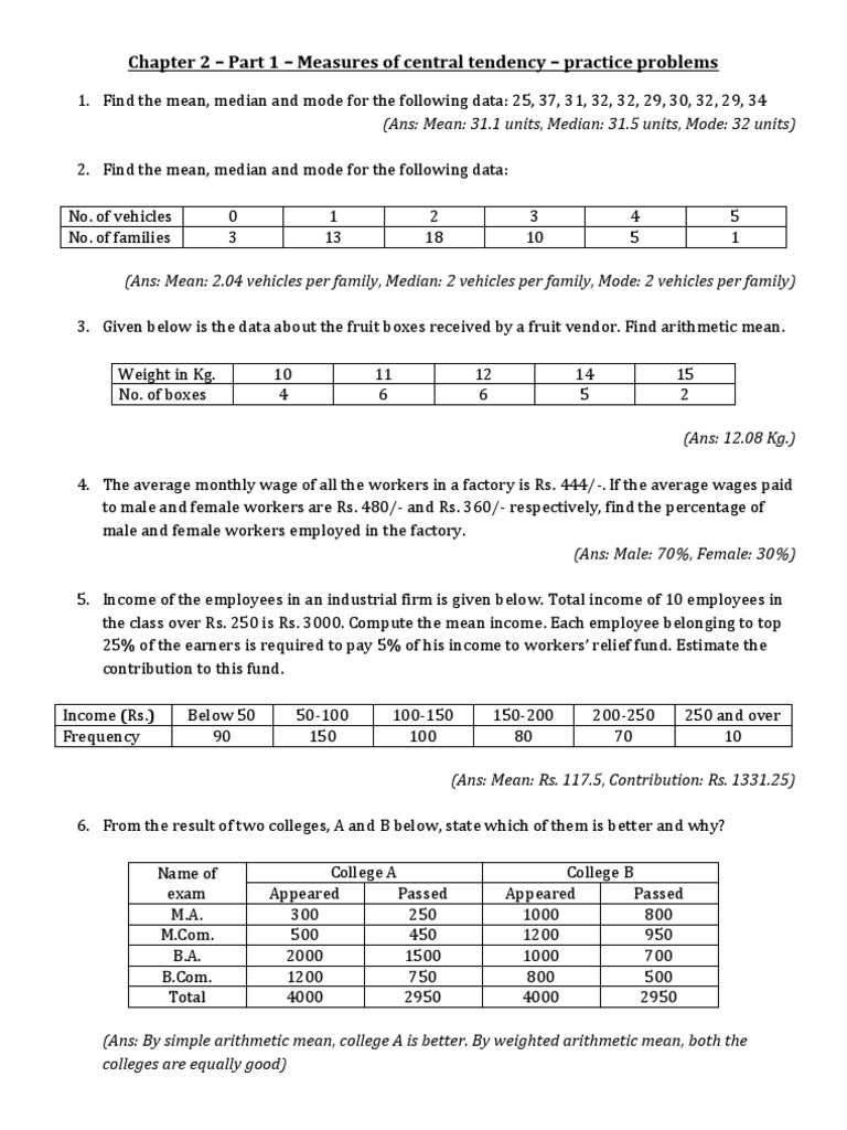 Measures Of Central Tendency Mean Median And Mode Worksheet