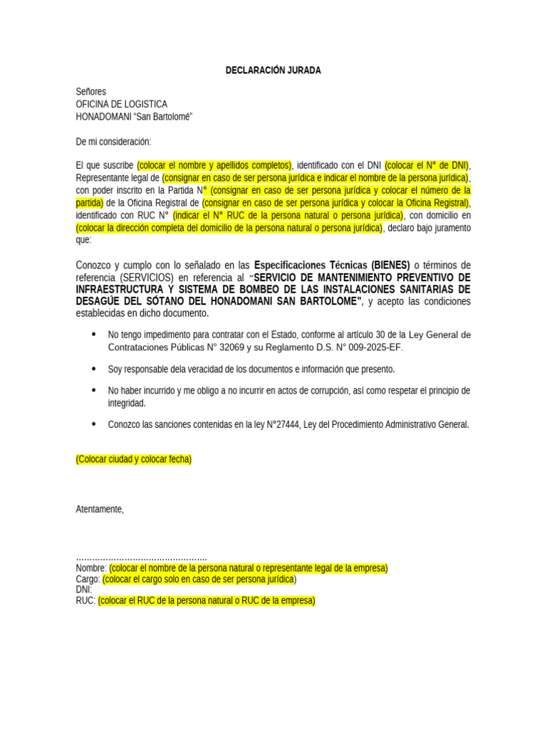 Declaración Jurada de Contratación Pública | PDF