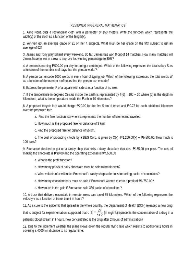 General Mathematics Problem Set | PDF | Function (Mathematics) | Asymptote