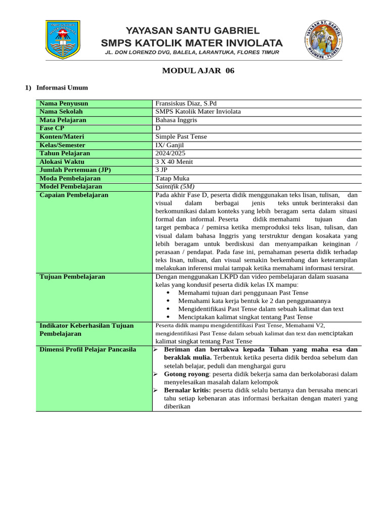 Pembelajaran Simple Past Tense Kelas IX | PDF