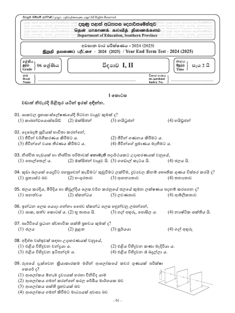 Grade 06 Science 3rd Term Southern Province With Answers 1 | PDF