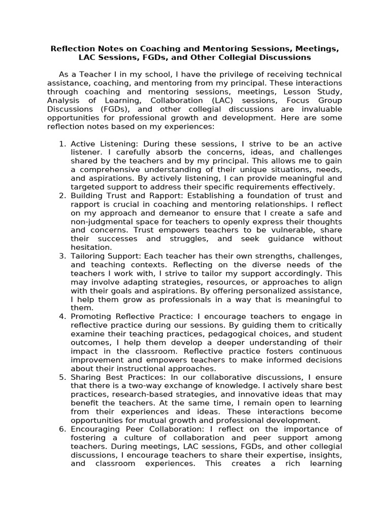 Reflection Notes On Coaching and Mentoring Sessions Meetings LAC ...