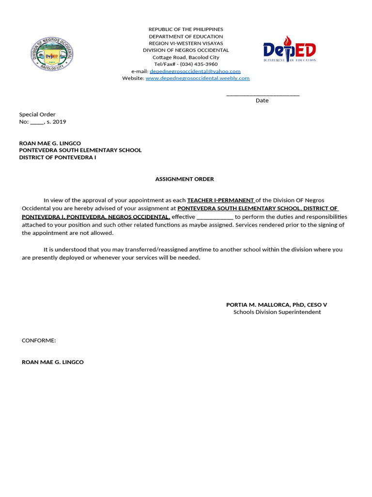 Assignment Order for Teacher I | PDF