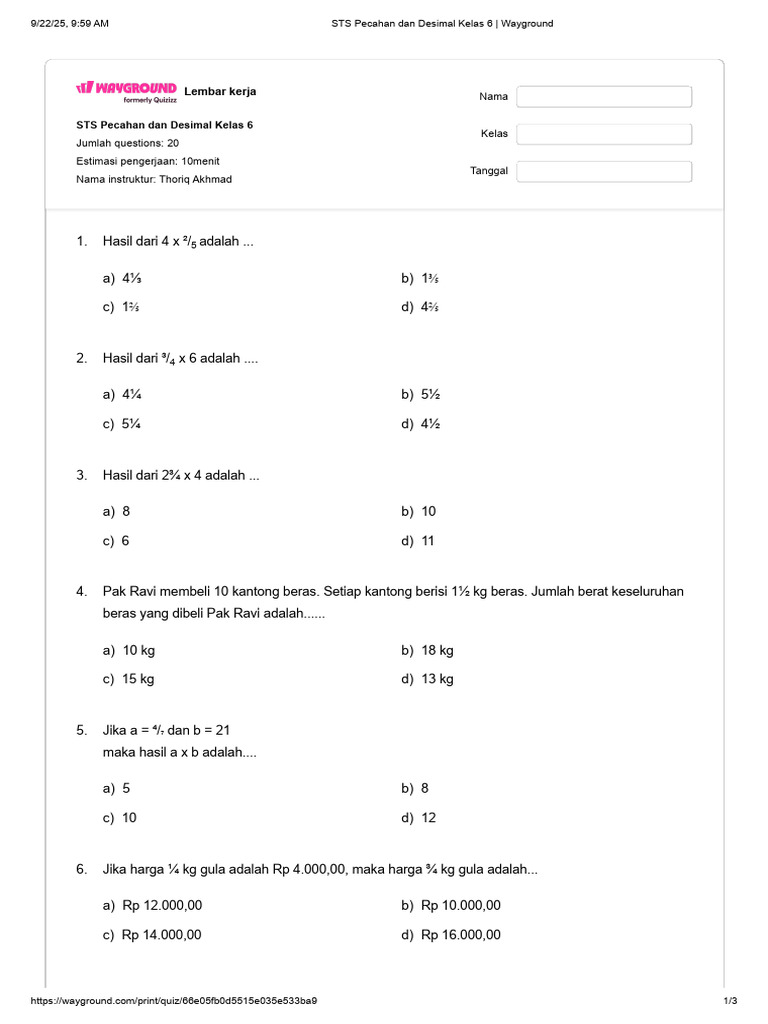 STS Pecahan dan Desimal Kelas 6 | PDF