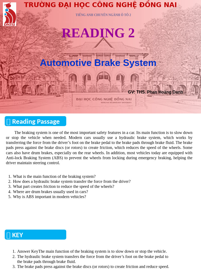 Reading 2 - Automotive Brake System | PDF