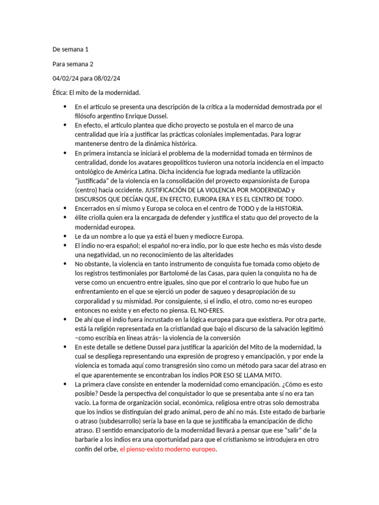 Crítica de la Modernidad según Dussel | PDF | Modernidad | Educación en ...