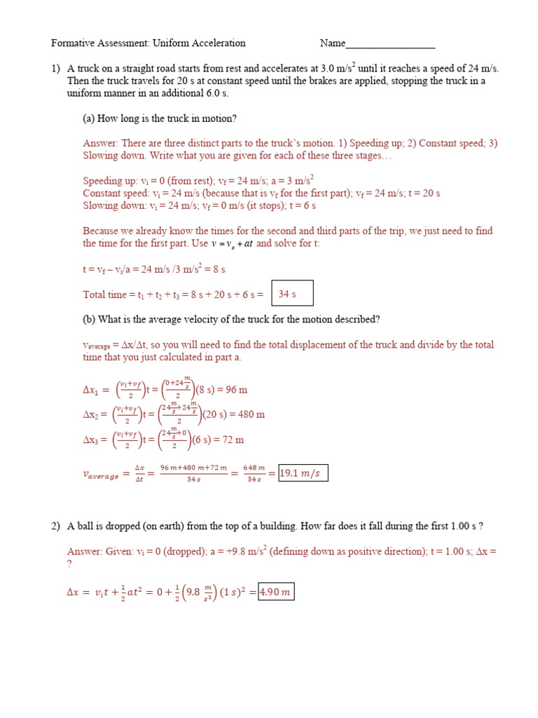 Uniform Acceleration Assessment Guide | PDF | Velocity | Acceleration
