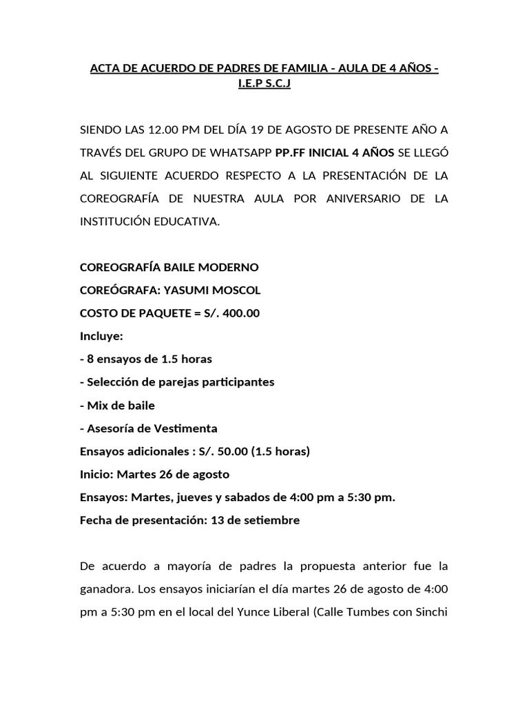 Acta de Acuerdo de Padres de Familia | PDF