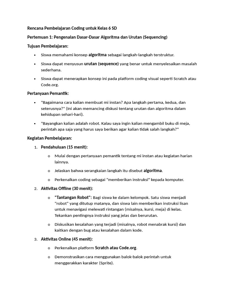 Rencana Pembelajaran Coding Kelas 6 SD | PDF