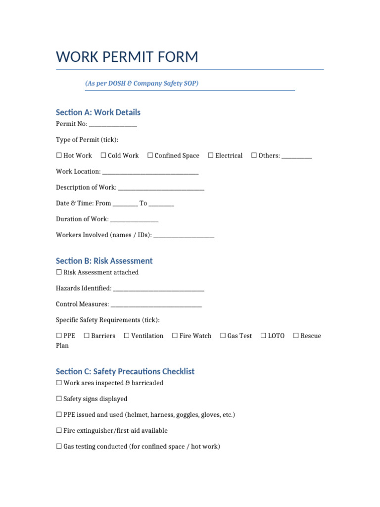 Work Permit Form Customized | PDF