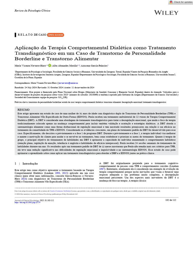 DBT no Tratamento de TPB e EDNOS | PDF | Transtorno de personalidade ...