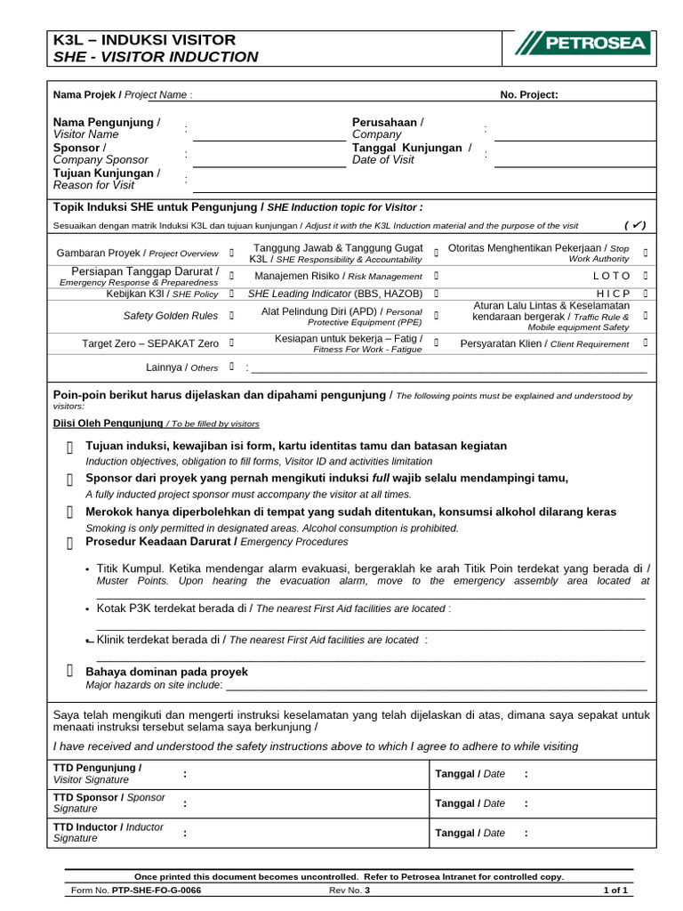 SHE Visitor Induction Form | PDF | Safety | Working Conditions
