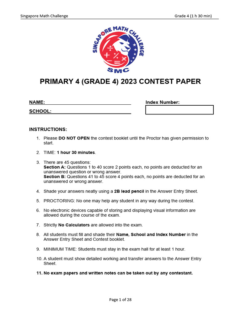Grade 4 Singapore Math Challenge Exam | PDF | Area | Rectangle