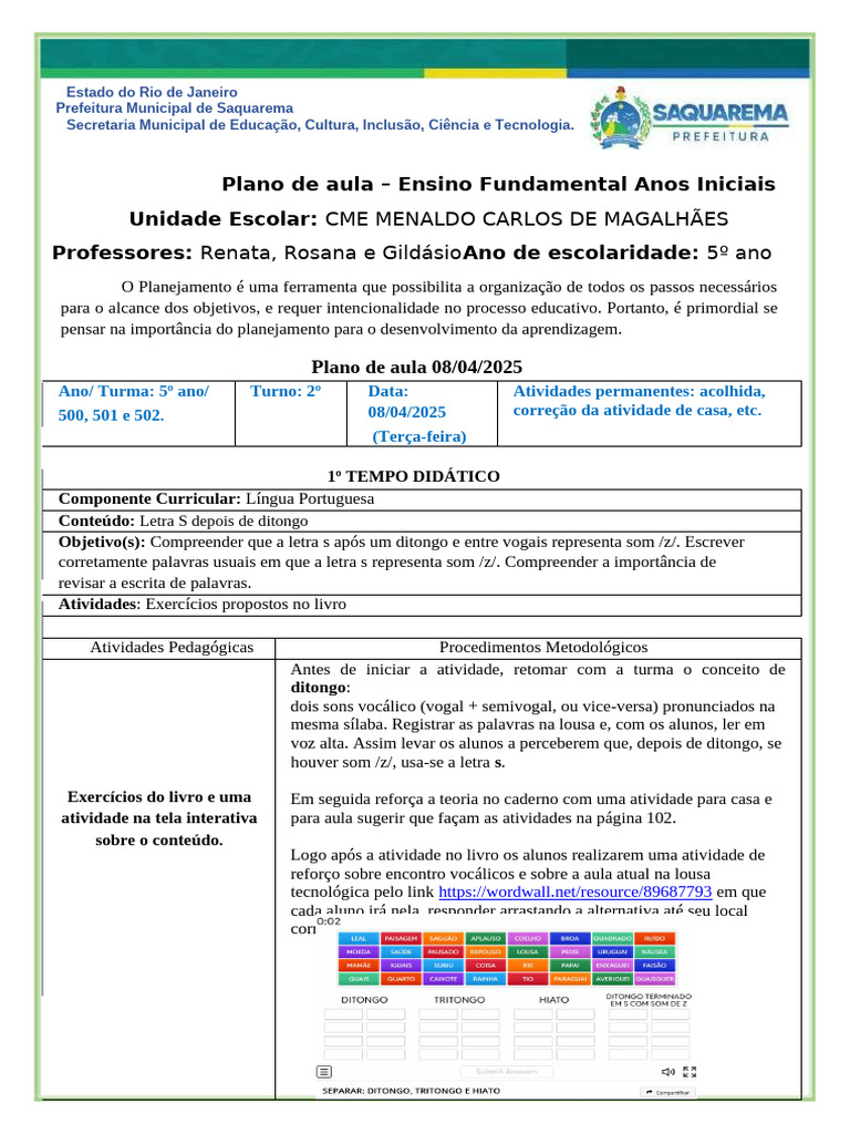 PLANO 5º ANO Plano de Aula | PDF | Pedagogia | Vogal