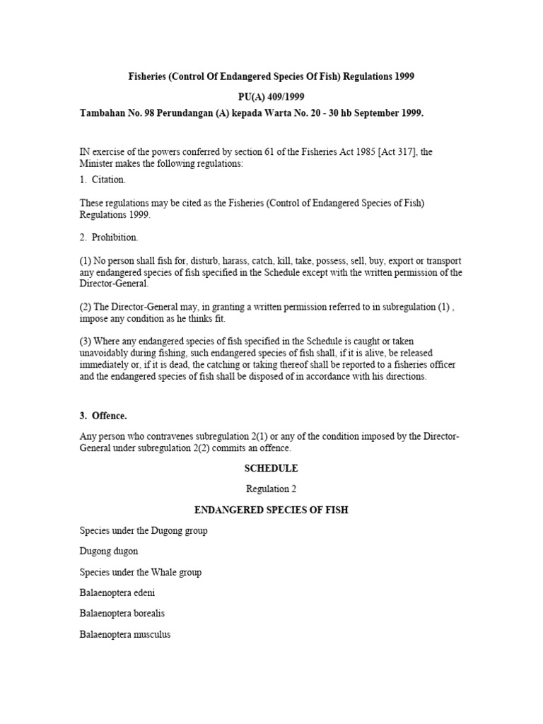Endangered Fish Species Regulations 1999 | PDF