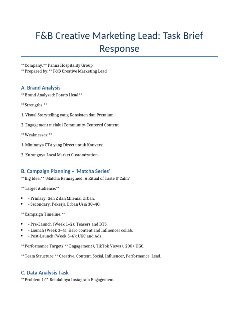 FNB Creative Marketing Lead Task Response | PDF