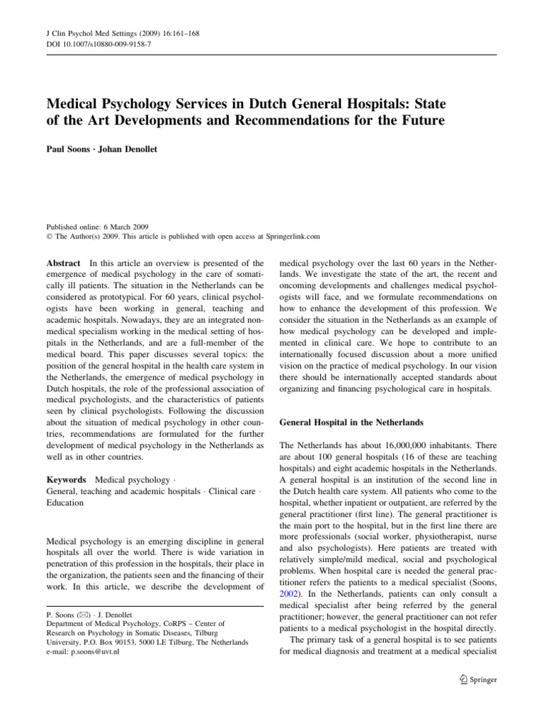 Medical Psychology Services in Dutch General Hospitals: State of The ...