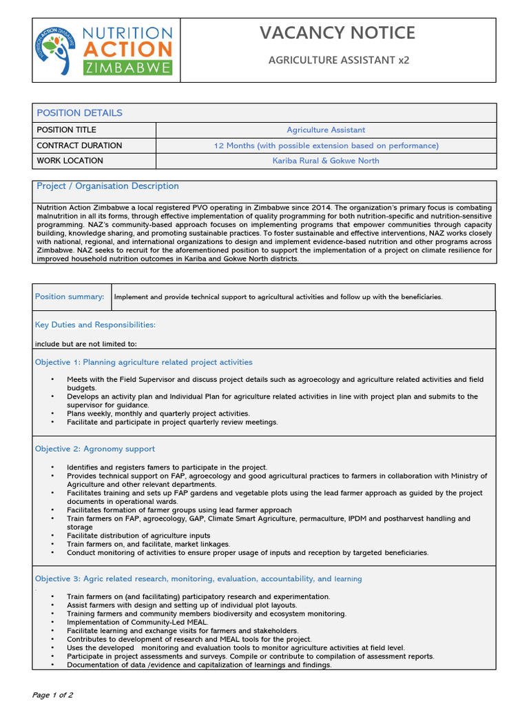 Agriculture Assistant Vacancies in Zimbabwe | PDF | Agriculture ...