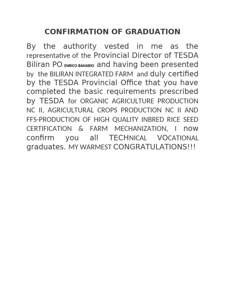 Graduation Confirmation for TESDA Programs | PDF