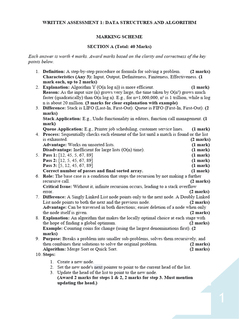 Data Structures and Algorithm - Written Assessment 1 Marking Scheme ...