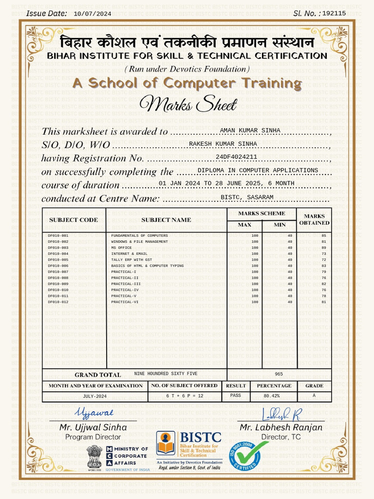 Diploma in Computer Applications Results | PDF