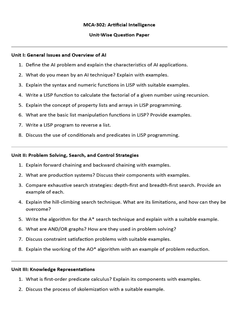 MCA-302 AI Unit-Wise Question Paper | PDF | Knowledge Representation ...