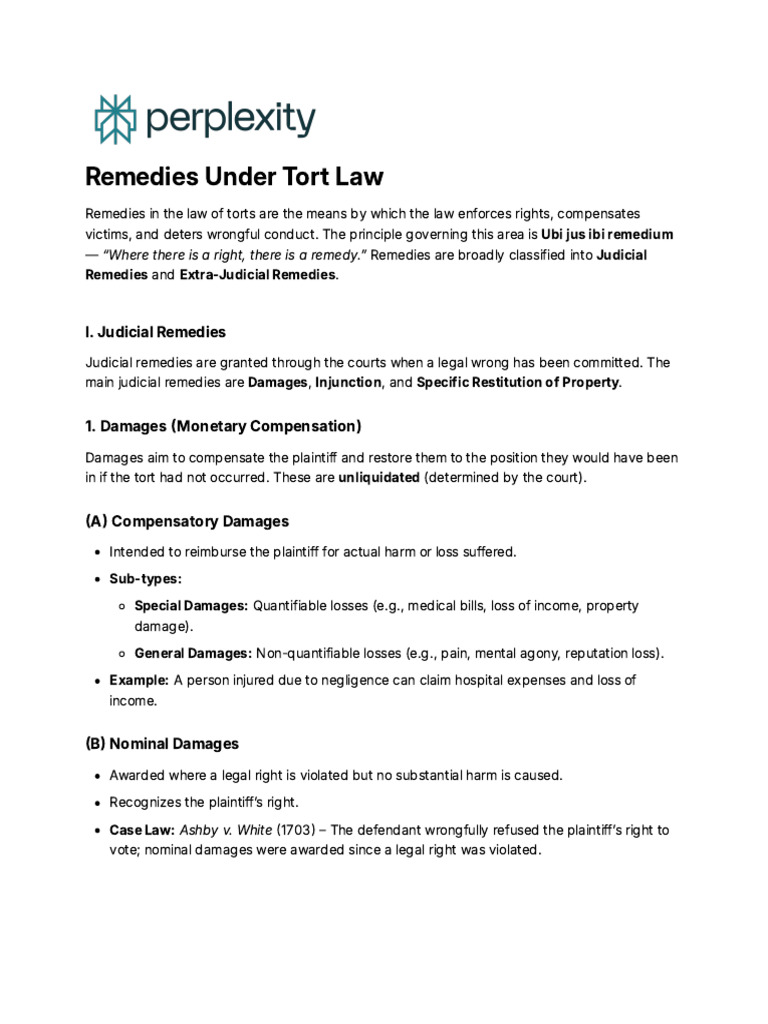 Understanding Tort Law Remedies | PDF | Damages | Legal Remedy