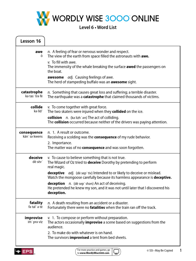 Wordly Wise 3000 Level 6 Lesson 16 | PDF