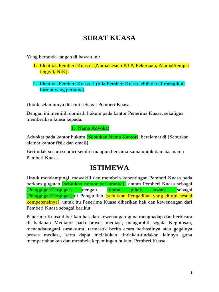 Surat Kuasa Hukum untuk Mediasi | PDF
