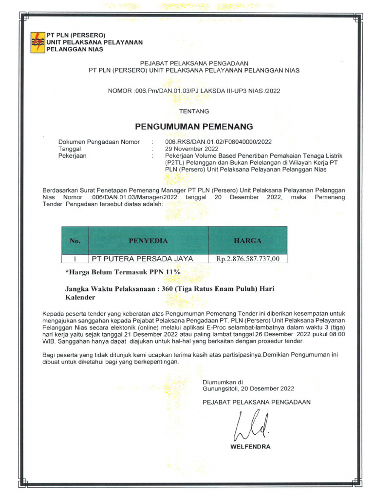 20121450-Pengumuman Pemenang p2tl | PDF