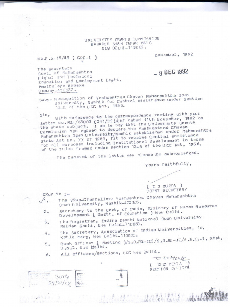UGC Letter To YCMOU 08.12.1992 | PDF