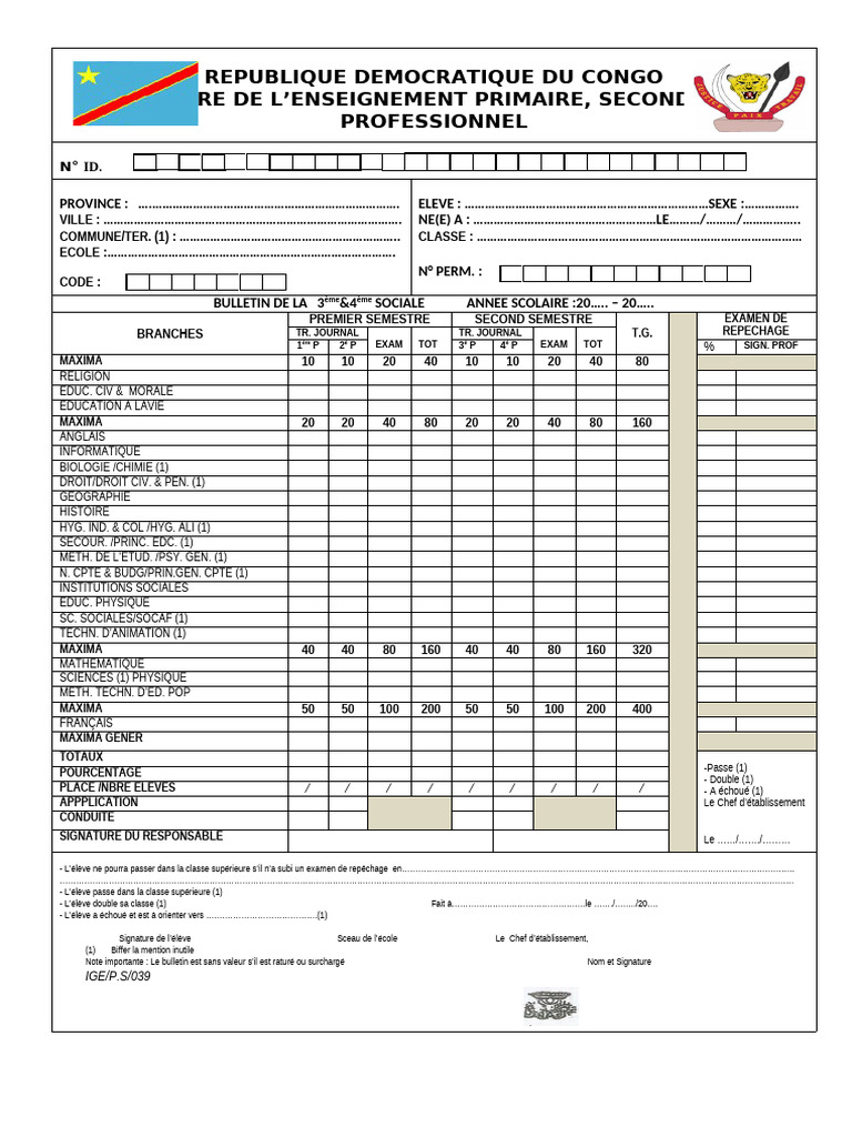 Bulletin scolaire 3ème sociale RDC | PDF