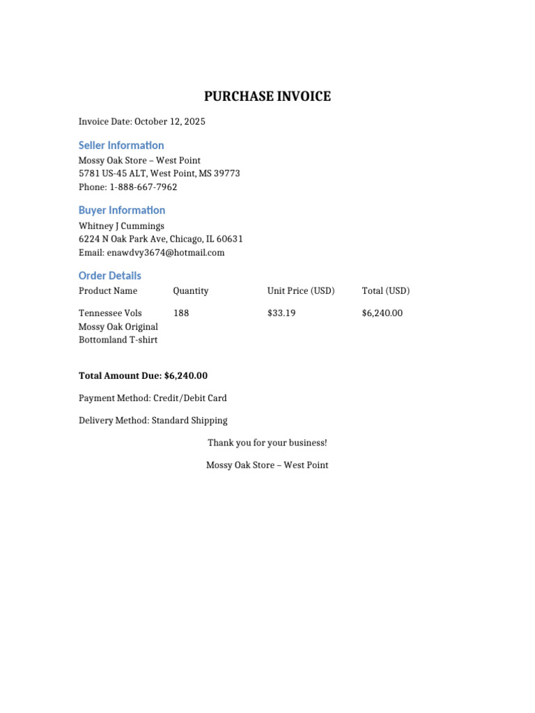 Mossy Oak Purchase Invoice for T-Shirts | PDF
