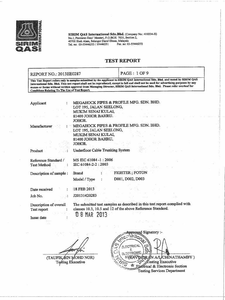 Megahock Fighter, Foton Duct Sirim Test Report | PDF