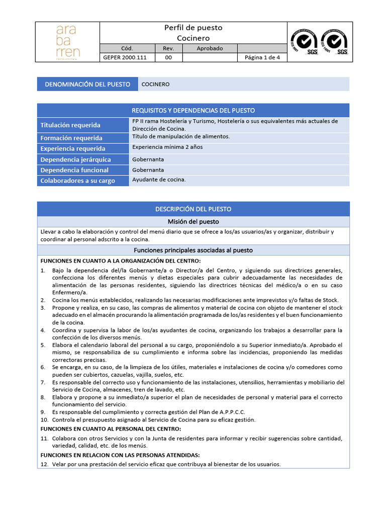 Perfil de Puesto: Cocinero en Hostelería | PDF | Sistema de manejo de ...