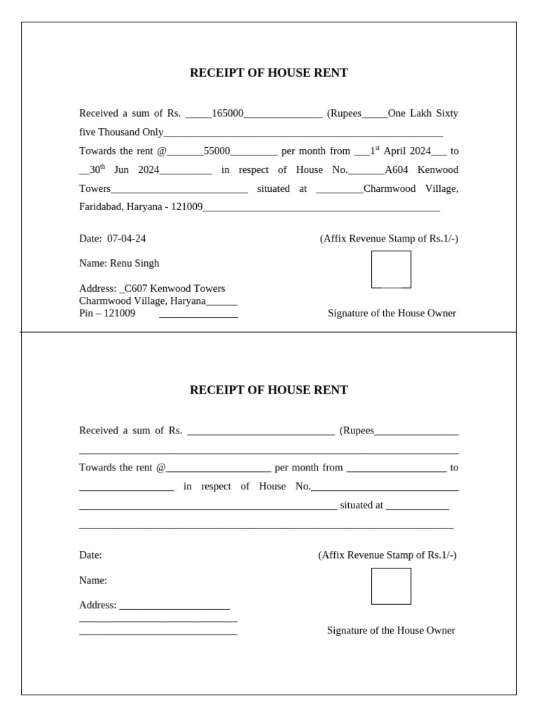 House Rent Receipt Template | PDF