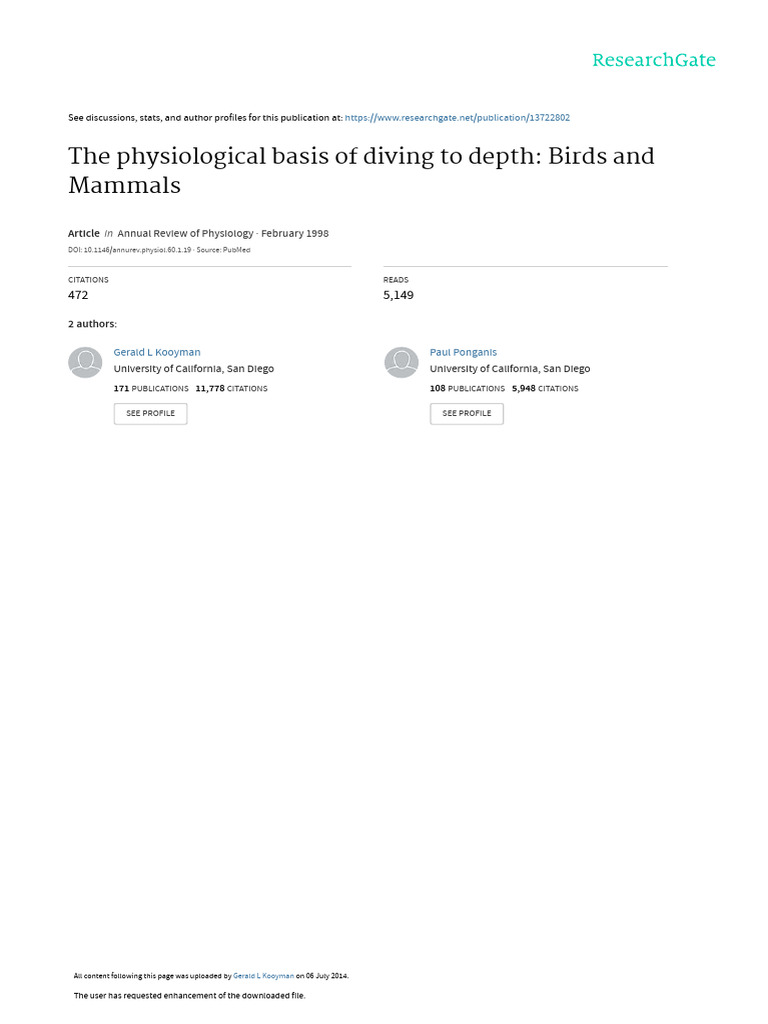 Diving Physiology in Birds and Mammals | PDF | Pinniped | Underwater Diving